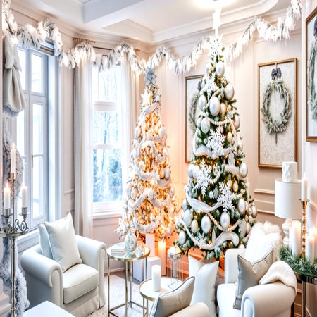 Luxury living room with Christmas tree, fireplace, armchairs and coffee tableの写真素材