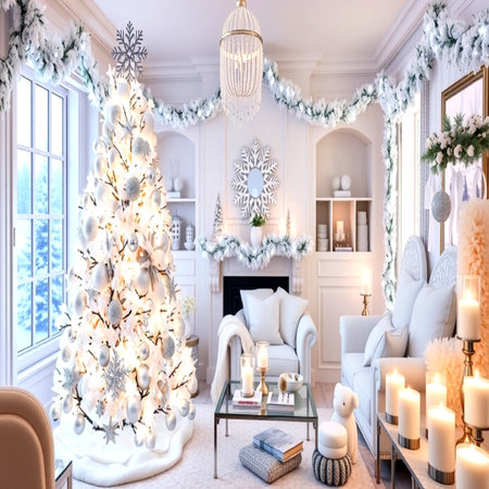 Luxury living room decorated for Christmas. 3D render.の写真素材