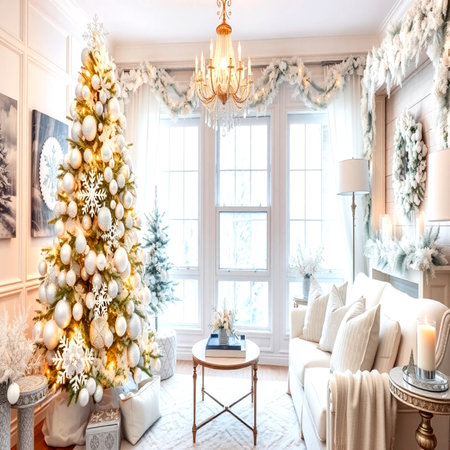 Luxury living room with Christmas tree, sofa and armchairの写真素材