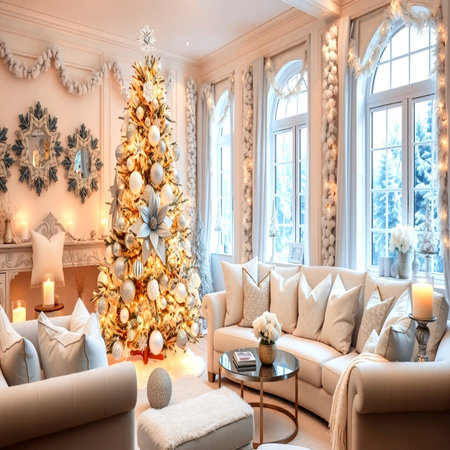 Luxury living room with Christmas tree and fireplace. 3d renderの写真素材