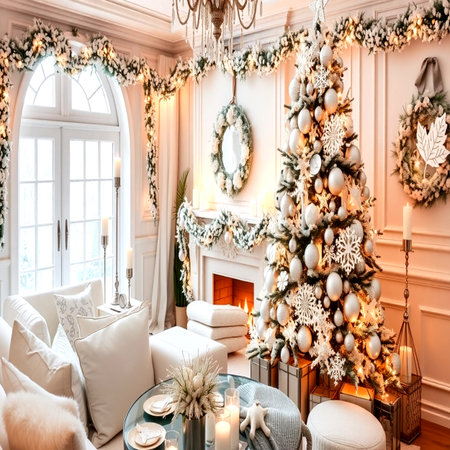 Christmas living room with Christmas tree and fireplace. Luxury interior designの写真素材