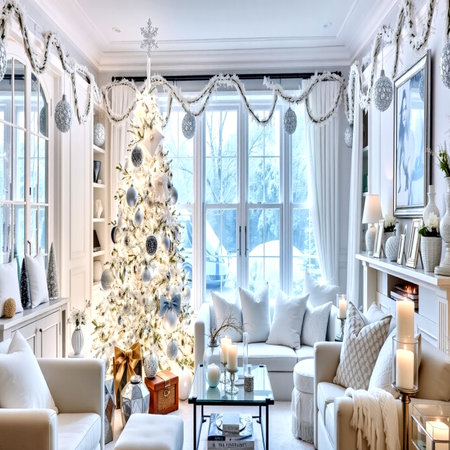 Luxury white living room with Christmas tree. 3d renderの写真素材