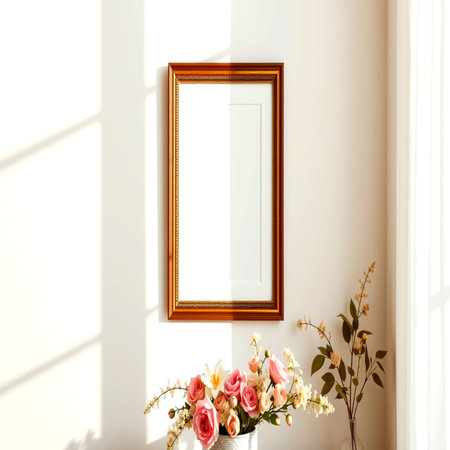 Empty picture frame on the wall with flowers in the vase.の写真素材