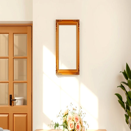 Interior of a room with a wooden door and a picture frameの写真素材