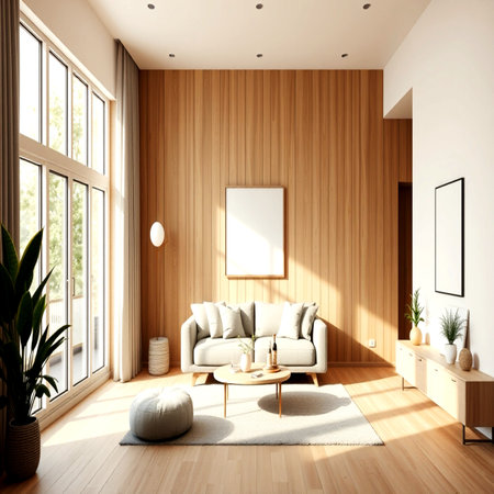Interior of modern living room with wooden walls, wooden floor, comfortable white sofa and coffee table. 3d renderの写真素材