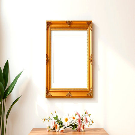 Golden frame mockup in interior with flowers. 3d render illustrationの写真素材