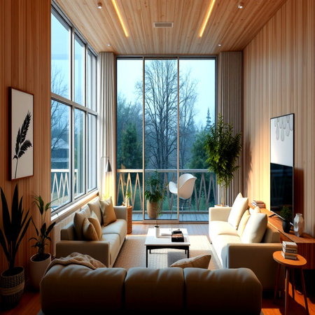 Interior of modern living room with wooden walls, panoramic windows and wooden floor. 3d renderの写真素材