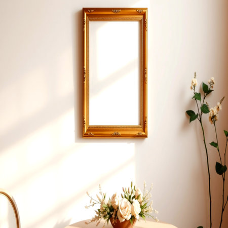 Blank golden picture frame on white wall. 3d render.の写真素材