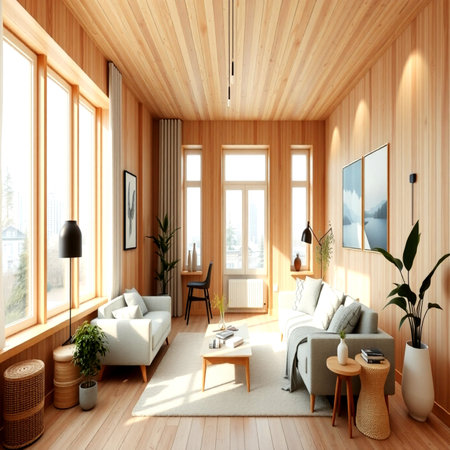 Interior of modern living room with wooden walls, wooden floor, comfortable sofa, coffee table and window. 3d renderの写真素材