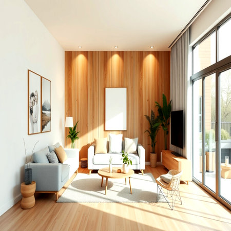 Interior of modern living room with wooden walls, wooden floor, beige sofa, coffee table and two posters. 3d renderの写真素材