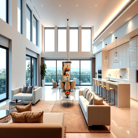 Luxury living room with panoramic windows. 3d renderingの写真素材