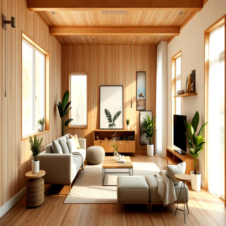 Interior of modern living room 3D rendering image.There are wooden wallsの写真素材