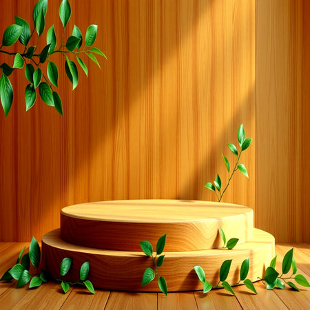 Wooden podium with green leaves on wooden background. 3d renderの写真素材
