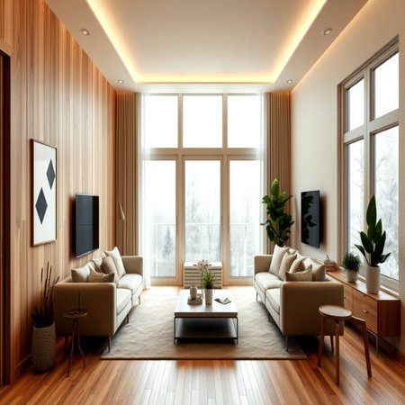 3d rendering living room and living room in modern house with wooden wallの写真素材