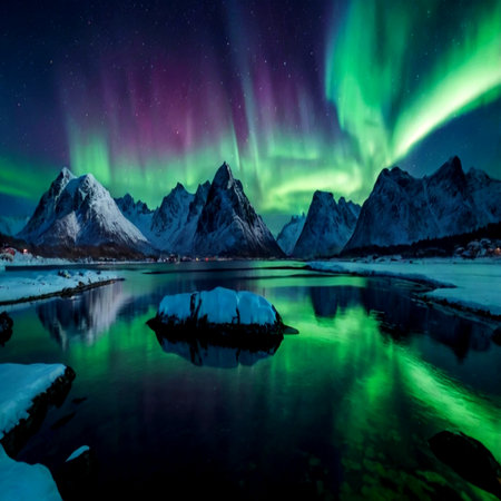 Aurora borealis in Lofoten islands, Norwayの写真素材