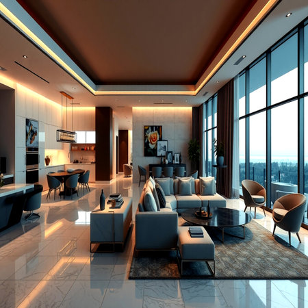 3d rendering luxury living room and dining room in hotel with beautiful viewの写真素材