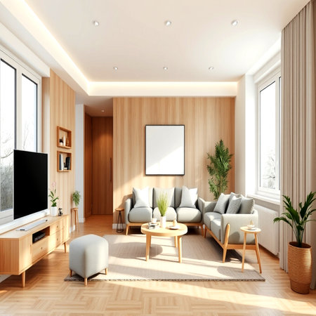 Interior of modern living room with wooden walls, wooden floor, comfortable sofa and TV. 3d renderの写真素材