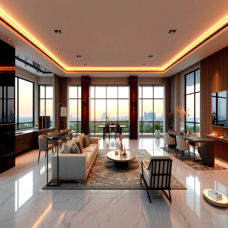 3d rendering of living room and dining room in new luxury houseの写真素材