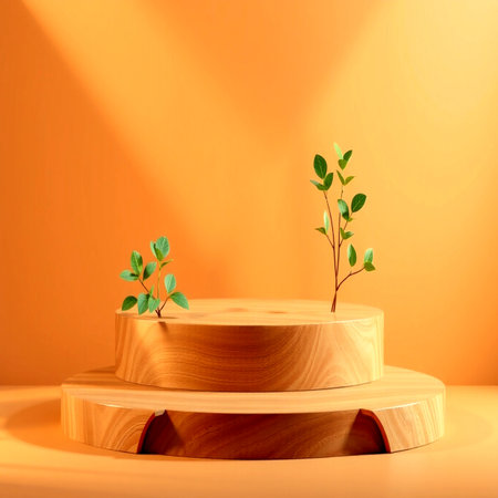 Wooden podium with plant on orange background. 3D rendering.の写真素材