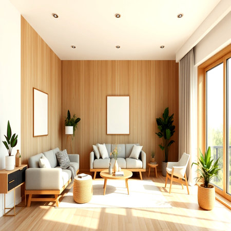 Interior of modern living room with wooden walls, wooden floor, comfortable sofa, coffee table and plants. 3d renderの写真素材