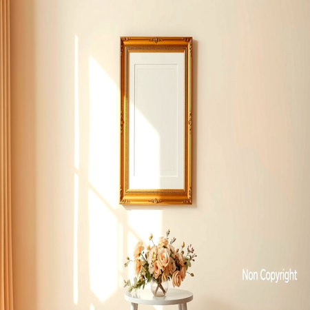 Golden frame mockup on the wall with a vase of flowersの写真素材