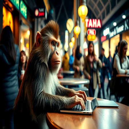 Monkey sitting at a table and working on a laptop in a cafeの写真素材