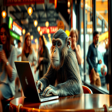 Chimpanzee with a laptop in a cafe. 3d renderingの写真素材