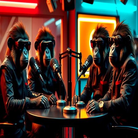 Group of monkeys with a microphone in a night club. 3d rendering