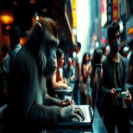 Monkey with a laptop in a busy street in Bangkok, Thailandの写真素材