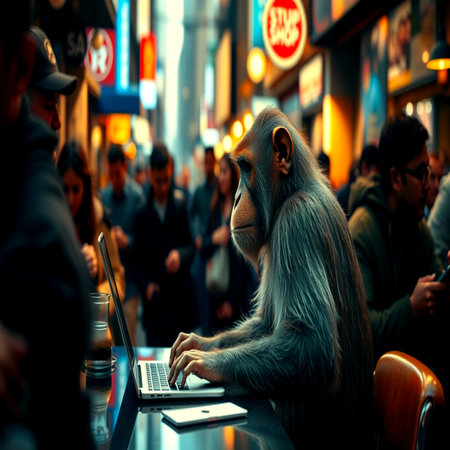 Chimpanzee using a laptop in Times Square, New York Cityの写真素材