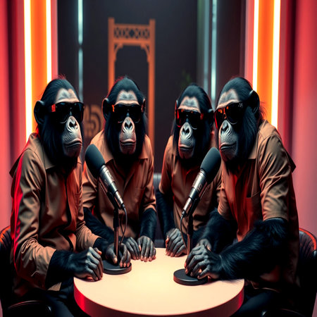 Group of monkeys in virtual reality glasses sitting at the table and talking.の写真素材