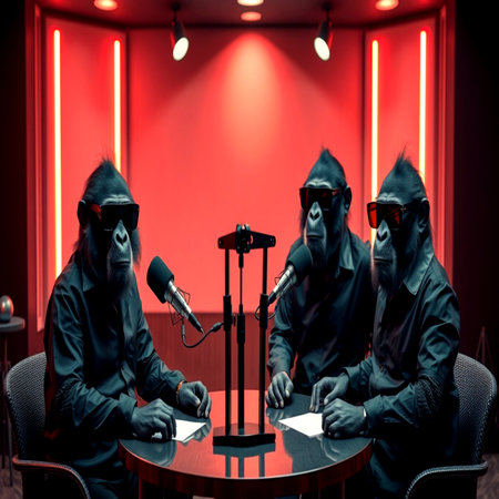 Three monkeys in black masks are sitting at a table in a dark room.