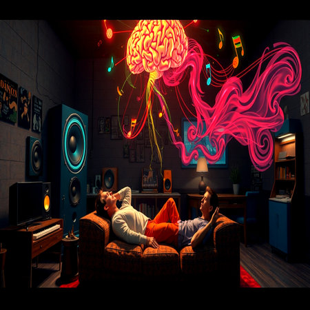 Young man listening to music with headphones while sitting on sofa at home