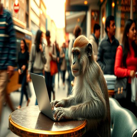 Monkey with a laptop in a cafe on the background of people.の写真素材