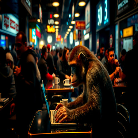 A monkey sits at a table and works on a laptop in a restaurant.の写真素材