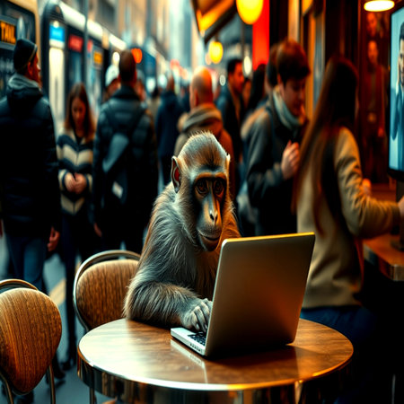 A monkey sits in a cafe and works on a laptop. In the background, a group of people.の写真素材