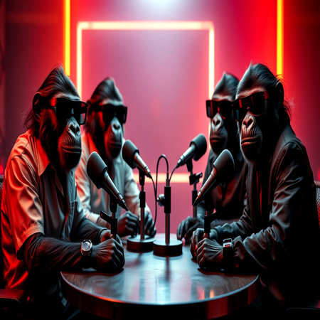 Group of monkeys with a microphone in a recording studio. Music concept.の写真素材