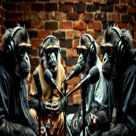 Group of monkeys in a recording studio.の写真素材