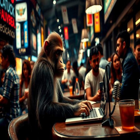 A monkey sits at a table with a laptop in Bangkok, Thailand.の写真素材