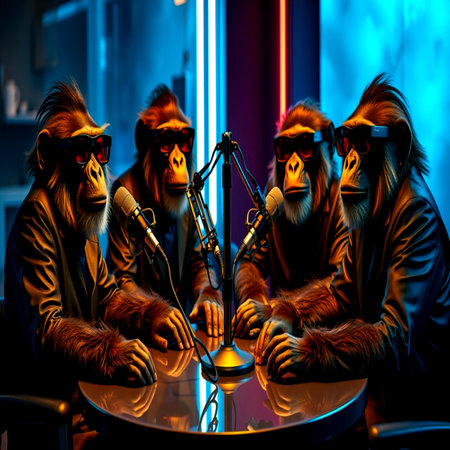 Group of monkeys singing into the microphone in a nightclub. Nightlife concept.の写真素材