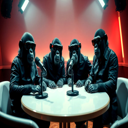 Group of monkeys in black sunglasses and leather jackets sitting around a table with microphonesの写真素材