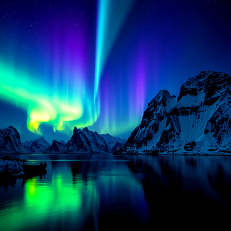 Aurora borealis in the night sky over the mountain lakeの写真素材