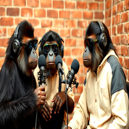 Group of monkeys with microphones on a background of a brick wall.の写真素材