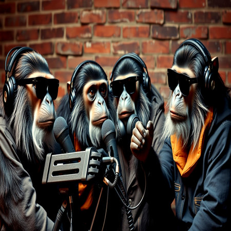 Group of monkeys with headphones and a microphone on brick wall background.の写真素材