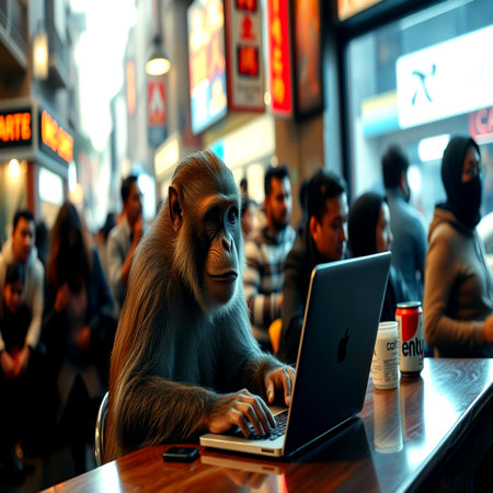 Monkey working on a laptop in a coffee shop. Blurred background.の写真素材