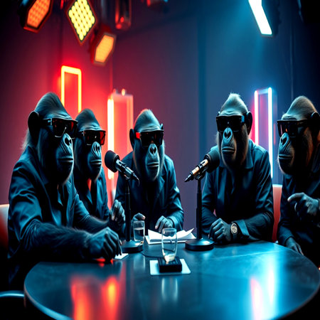 Group of monkeys in black hooded clothes sitting at a table with microphones at nightの写真素材