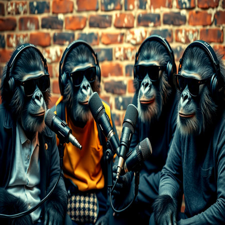 Group of monkeys singing into microphones in front of a brick wallの写真素材