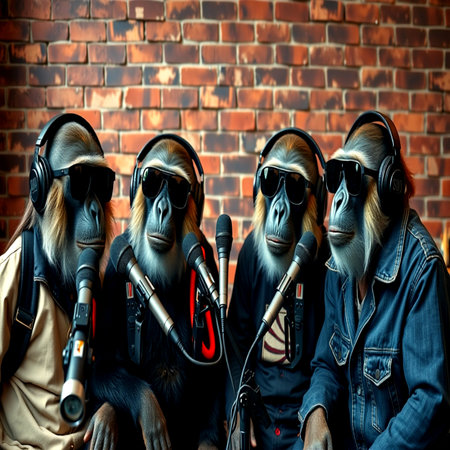Group of monkeys with headphones and microphone on a brick wall background.の写真素材