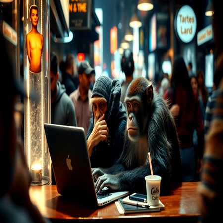 A monkey sitting in a coffee shop and working on a laptop.の写真素材
