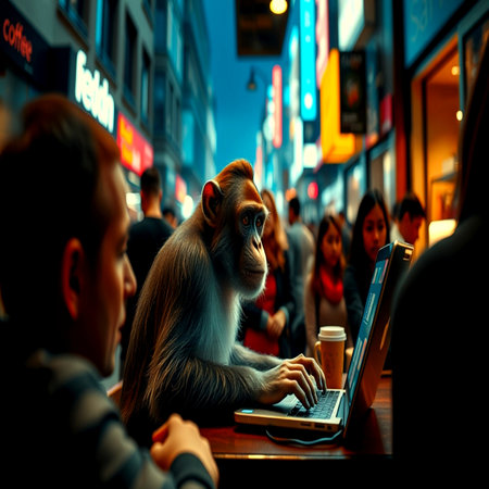 A monkey sits at a table with a laptop in the street.の写真素材